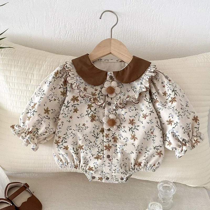2025 New Autumn Korean Style Climbing Suit Long Sleeved Cotton Print Newborn Baby Girls Bodysuits 0-24M Children Clothes