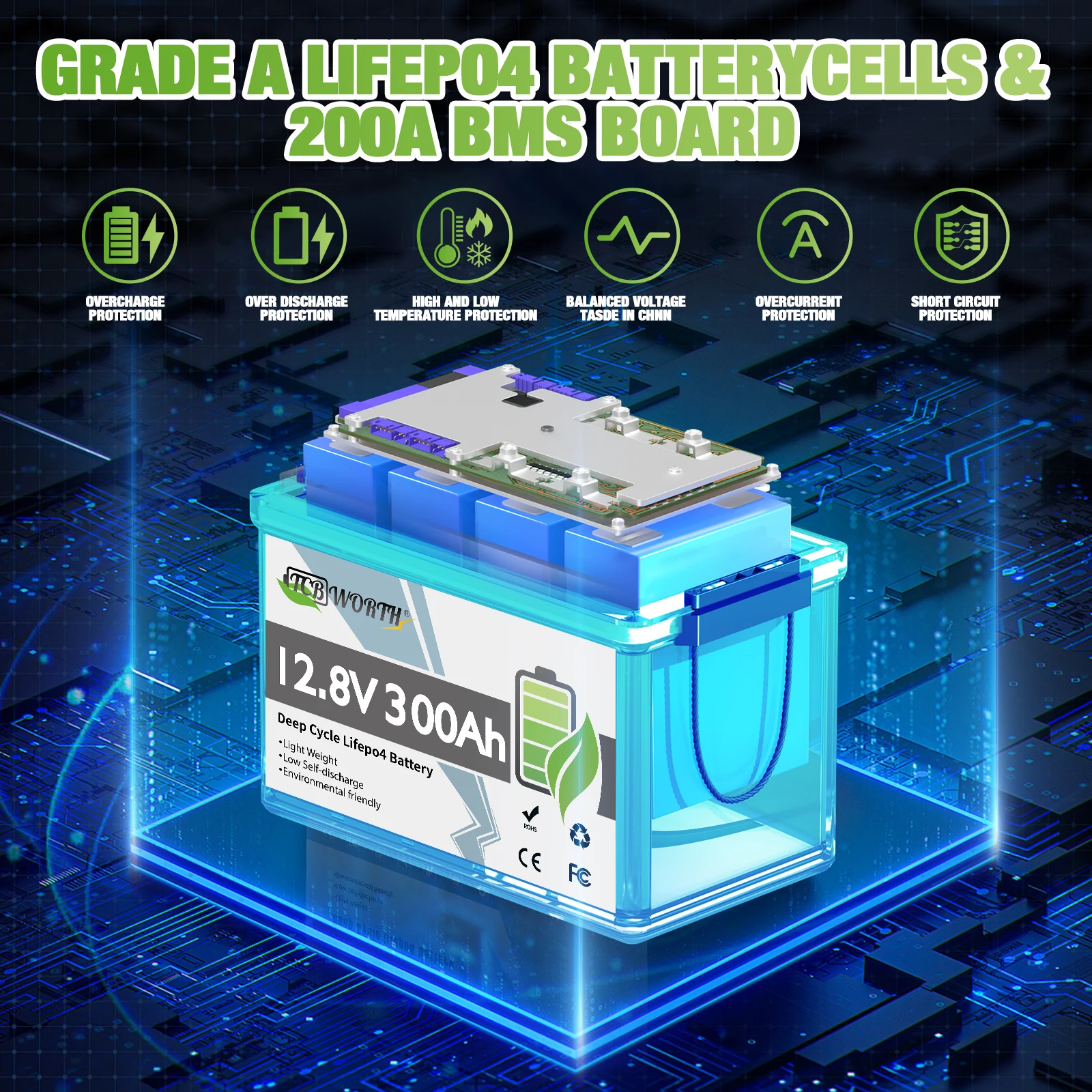 بطارية ليثيوم TCBWORTH 12 فولت 300 أمبير LiFePO4 مع 200 أمبير BMS، 6000+ دورات، حماية منخفضة درجة الحرارة لـ RV، خارج الشبكة، تخزين منزلي وبحري #3