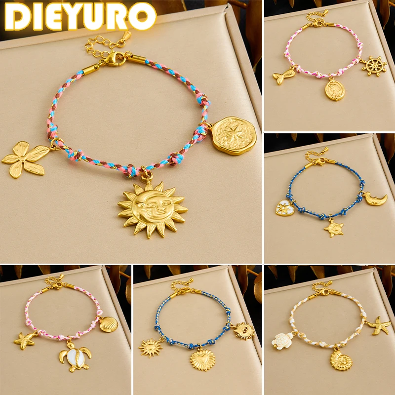 

DIEYURO 316L Stainless Steel Golden Sun Bowknot Heart Ocean Rope Bracelet Women New Classic Wrist Chain Vacation Jewelry Gift