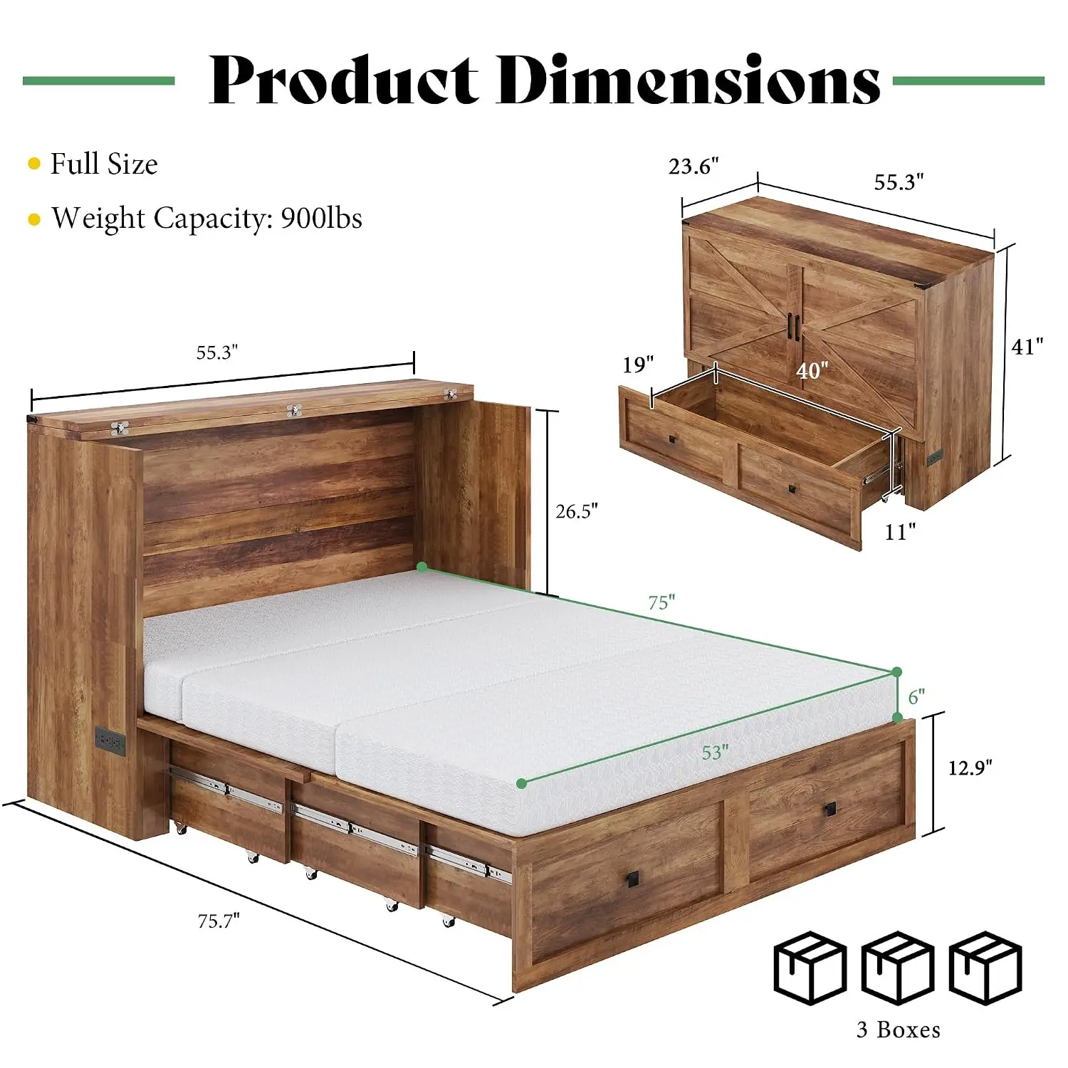 Full Barnwood Murphy Bed with 6