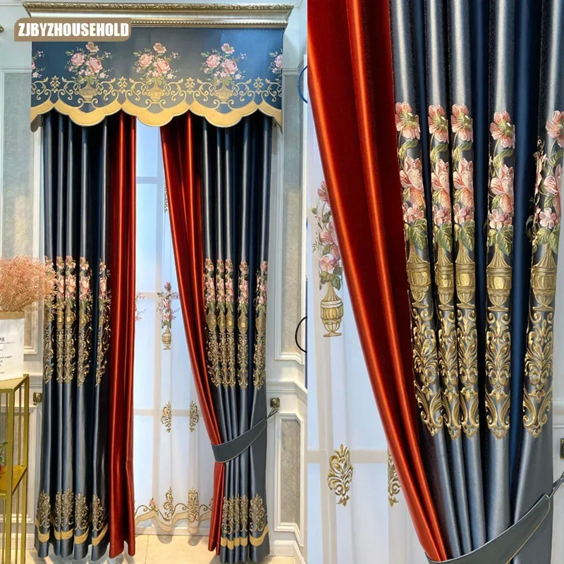 

Luxury Custom Embroidered European Polyester Full Blackout Curtains for Living Dining Room Bedroom Veil Court American