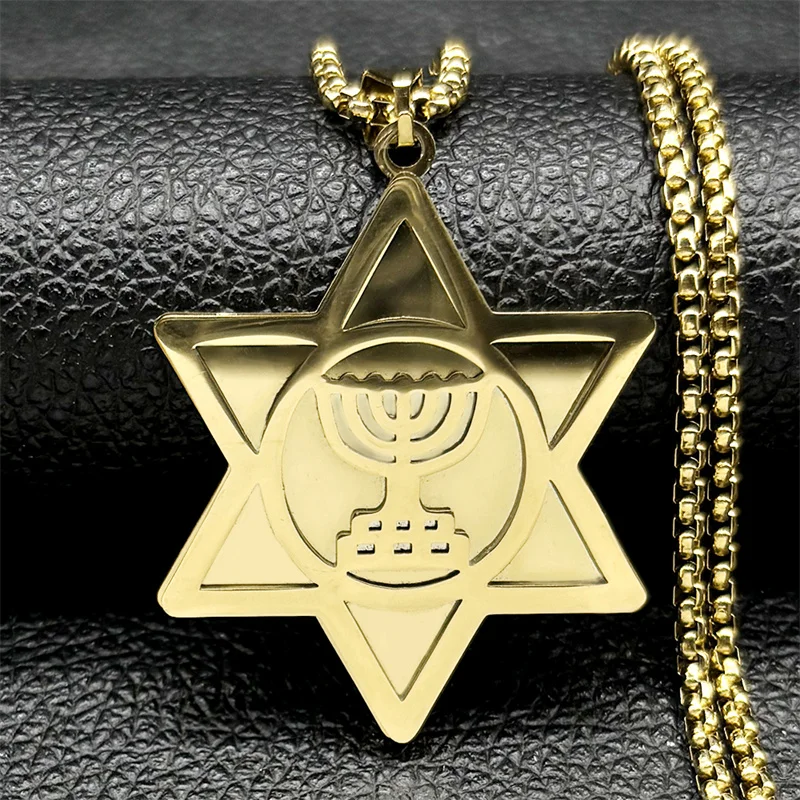 

Hebrew Star of David Candlestick Pendant Necklace for Women Men Stainless Steel Gold Color Jewish Hanukkah Chain Amulet Jewelry