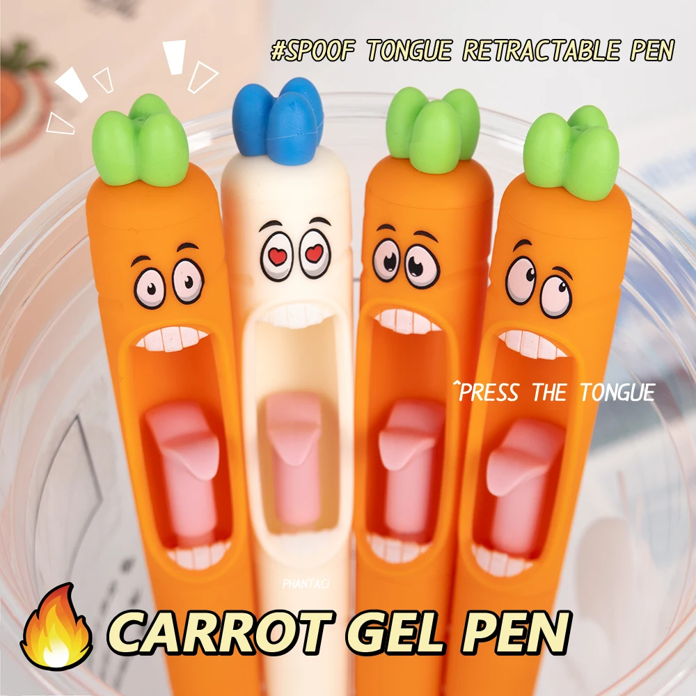 Funny Carrot Shaped Gel Pen Cute Cartoon Design Retractable Tongue Refill 0.5mm Black Ink Pens Office School Stationery Gifts