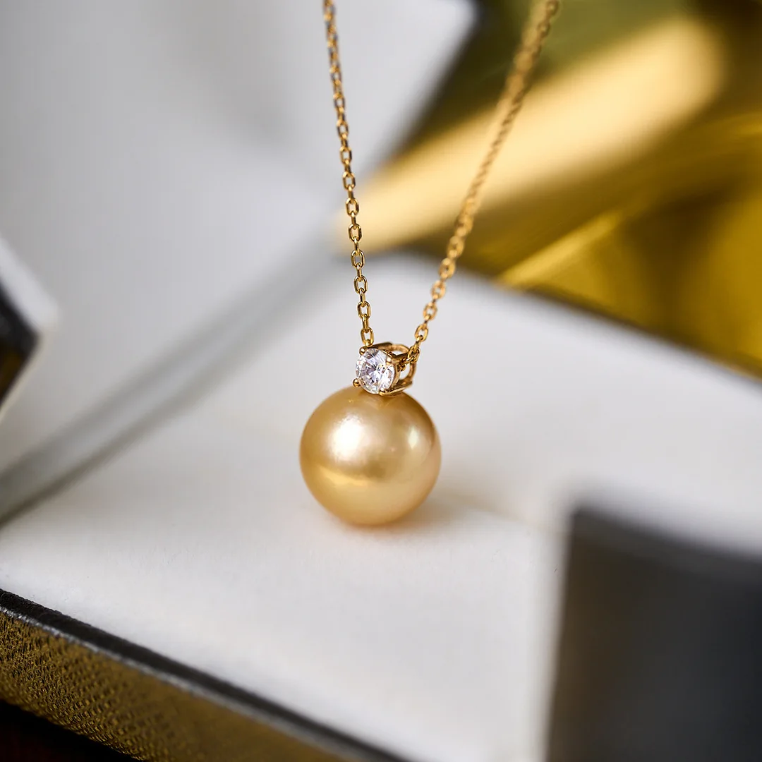12-13mm Natural South Sea Golden Pearl Pendant, 18K Gold Perfect Round Premium Pearl, Includes 925 Silver Chain Jewelry Gift