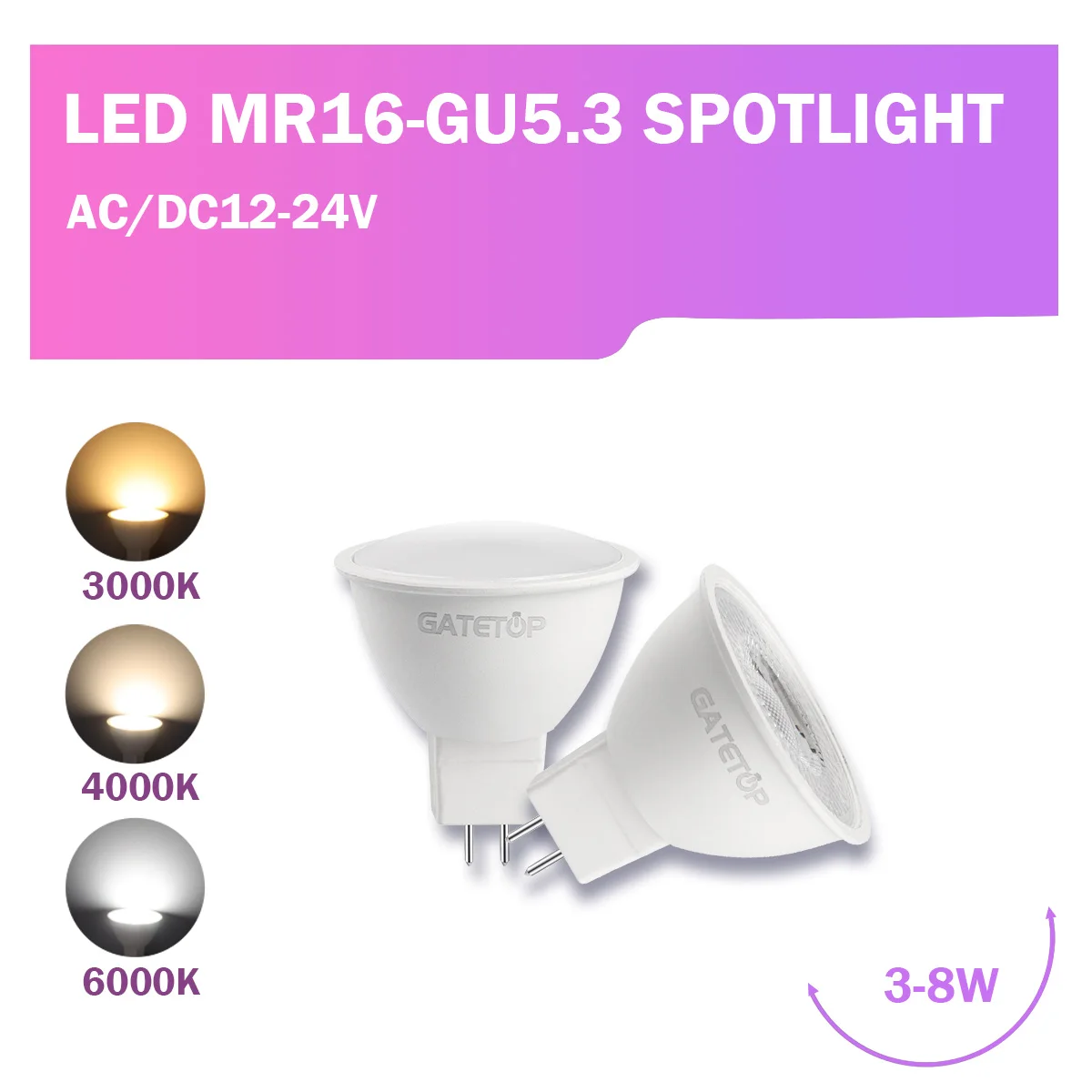 20PCS AC DC 12-24V Low Voltage MR16 LED Bulb 3W 5W 6W 7W 8W Lamps RA80+ 100LM/W Cool Lighting 6000K 3000K for Home Decor Light