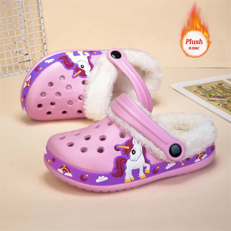 Winter Plush Sandals for Girls Boy New Fashion Cartoon Print Kids Slippers Home Indoor Thickened Warm Soft Childrens Causal Shoe