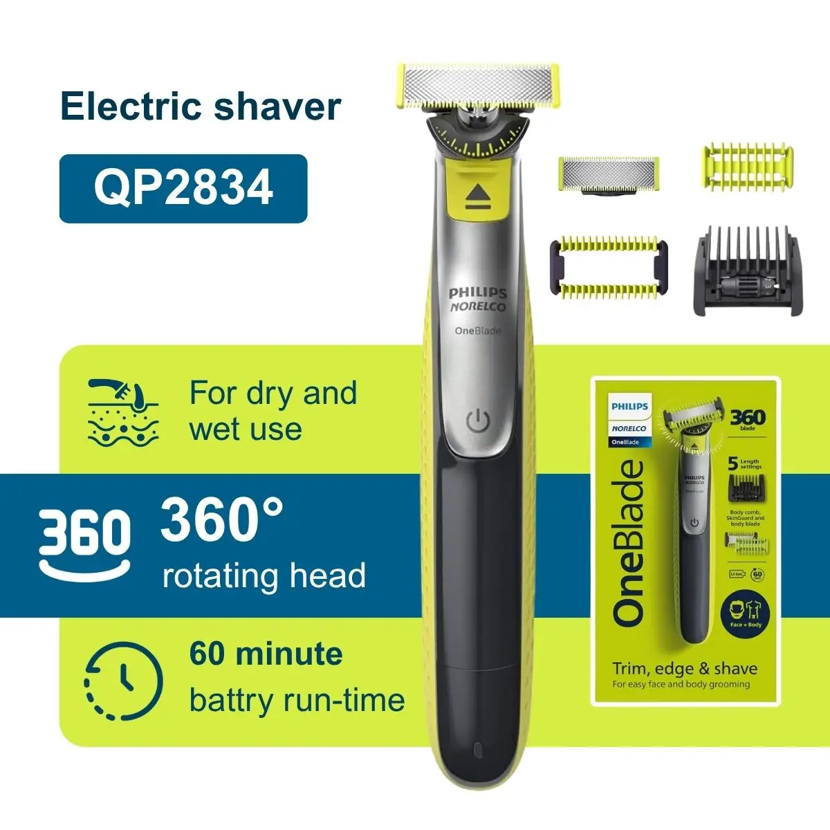 فيليبس نوريلكو ون بليد 360 وجه + جسم QP2834 مع مشط وجسم 5 في 1 للوجه #1