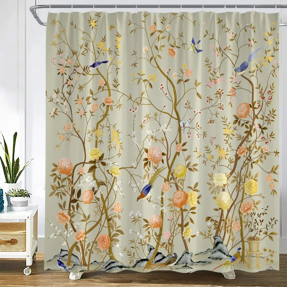 Flowers Bird Shower Curtains Floral Plant Vintage Chinese Style Bath Curtain Set Polyester Fabric Bathroom Decoration with Hooks