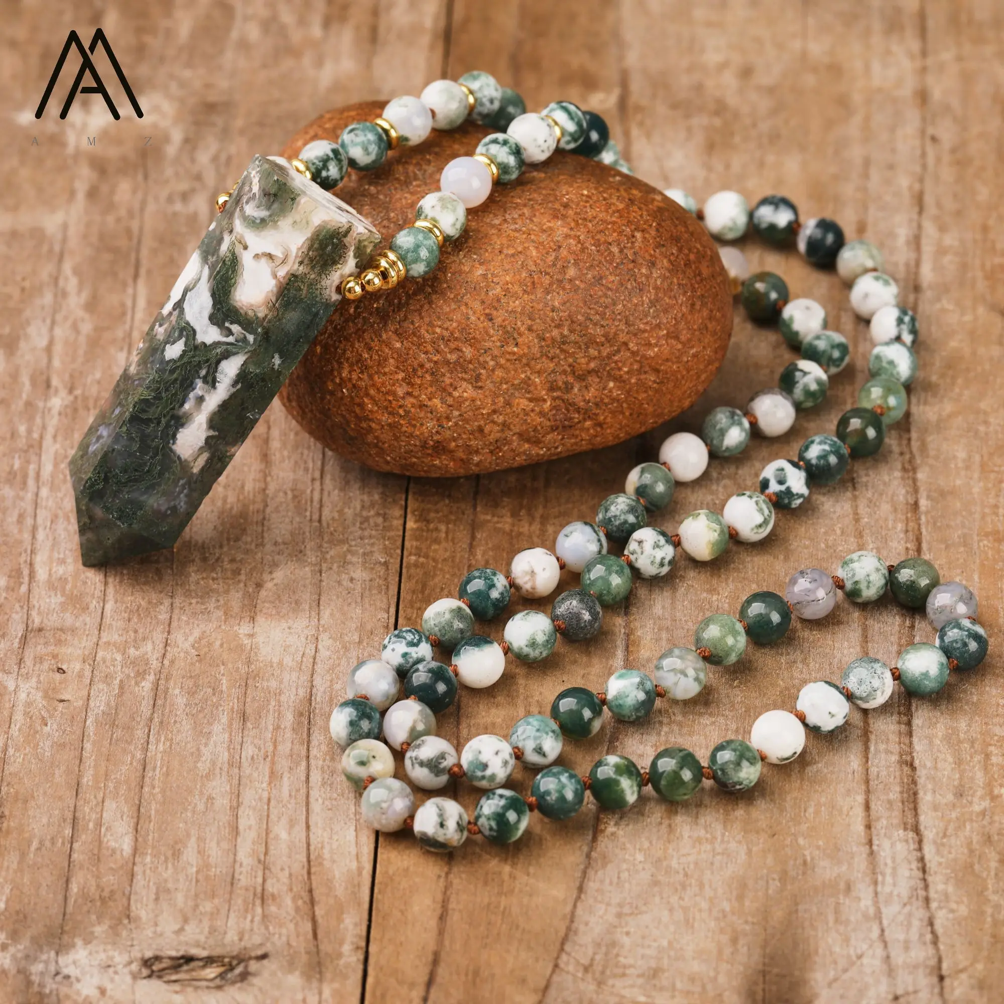 

Natural Moss Agate Round Mala Necklace Healing Women Yoga Meditation Necklace Handmade Jewelry Gifts