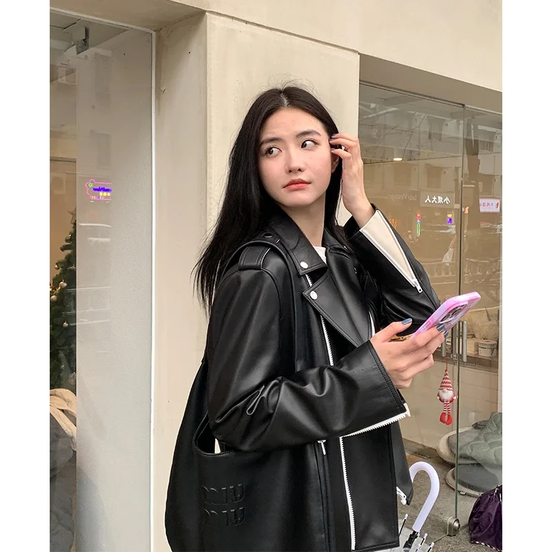 CC Giacca in Vera Pelle di Pecora con Pelliccia Sintetica Stile Moto Post-Punk da Donna, Giacca Primaverile in Pelle da Moto