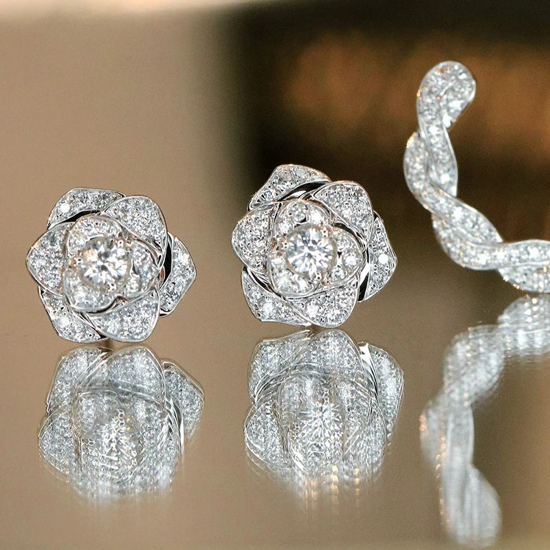 Aazuo High Quality 18K White Gold Real Diamonds 0.46ct Luxury Flower Stud Earring Gifted For Women Advanced Wedding Party Au750