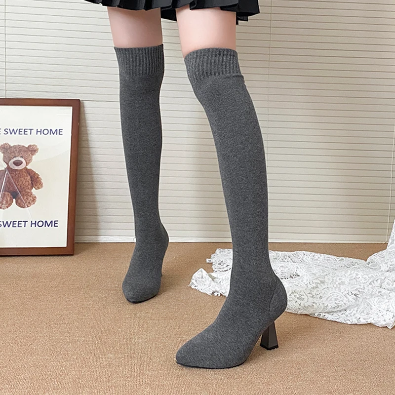 High Heels Women's Sock Boots Pointed Toe Knitting Fashion Shoes Designer Winter High Boots 2025 Dress Luxury Botas Para Mujer
