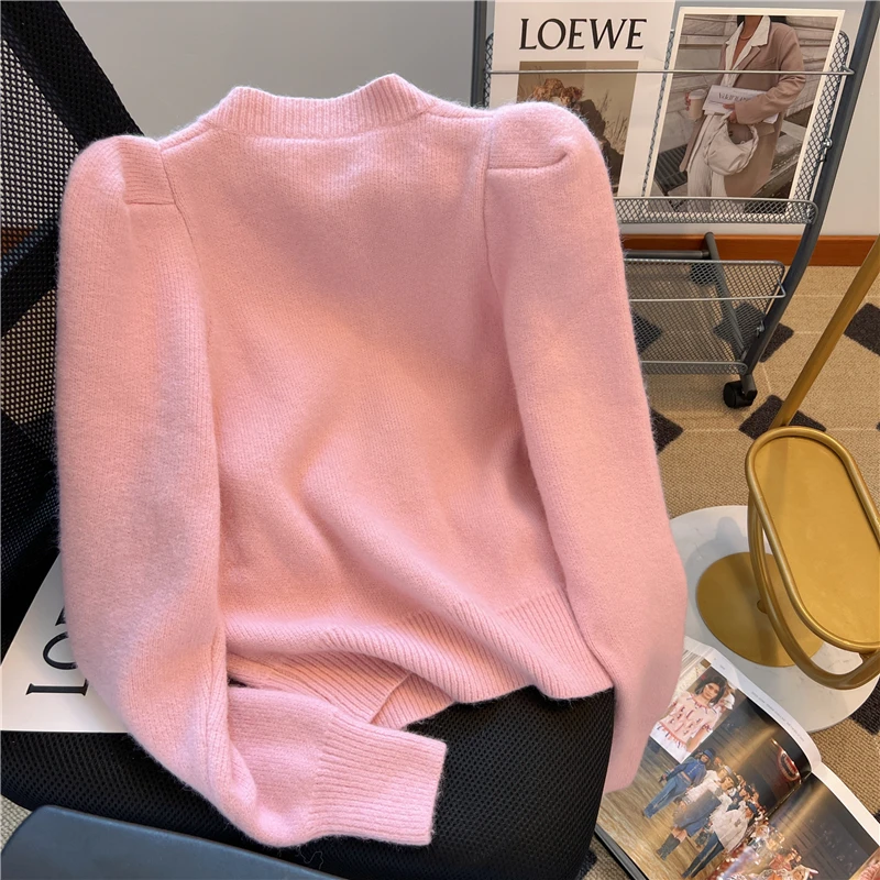 Bubble Sleeve Pink Sweet Sweater Women\'s Autumn/winter Short Knitted Cardigan Single Breasted Top