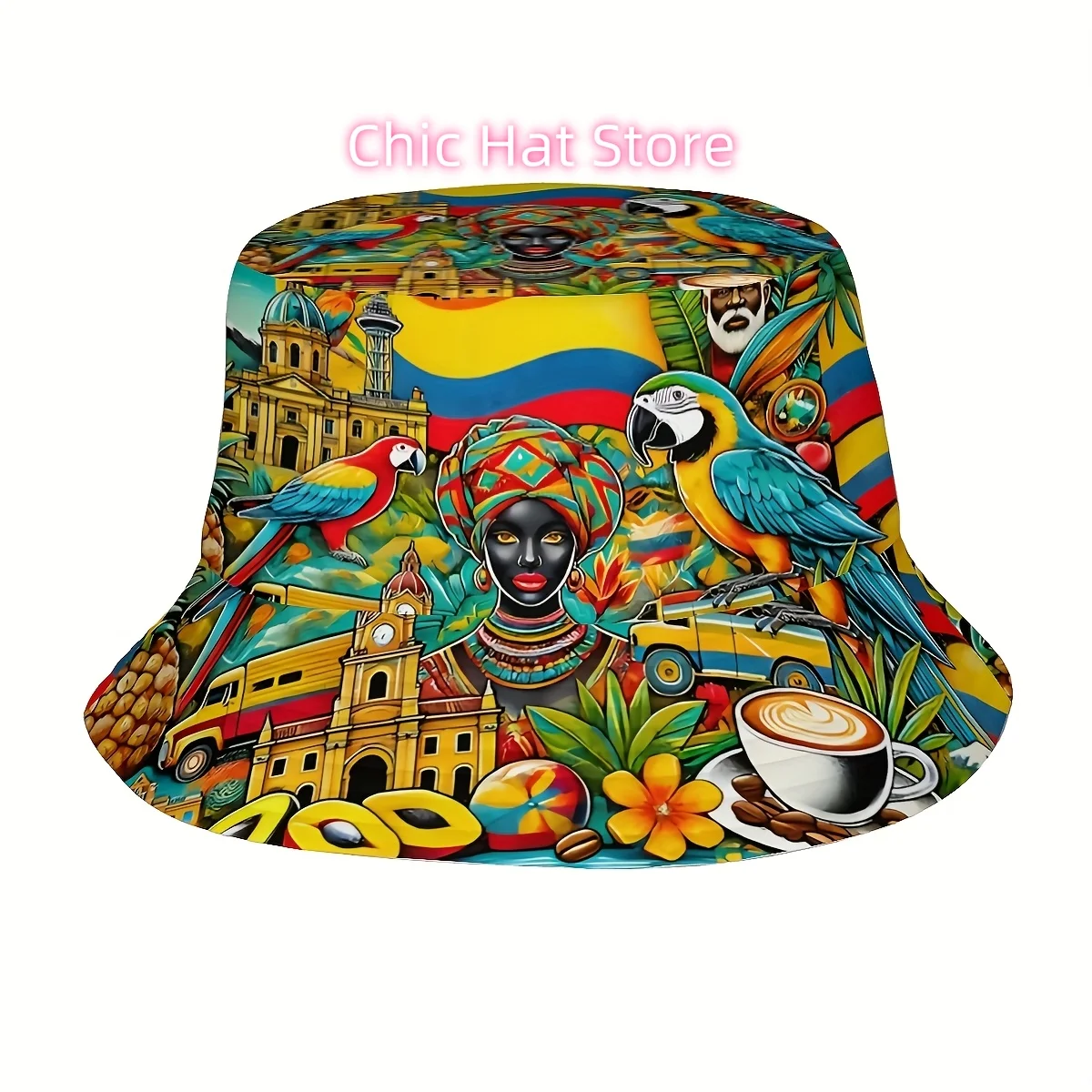 A Unisex Fisherman Hat Featuring a Colombian Flag And Parrot Design, Adorned with a Palm Leaf Pattern. This Stylish Bucket Hat I