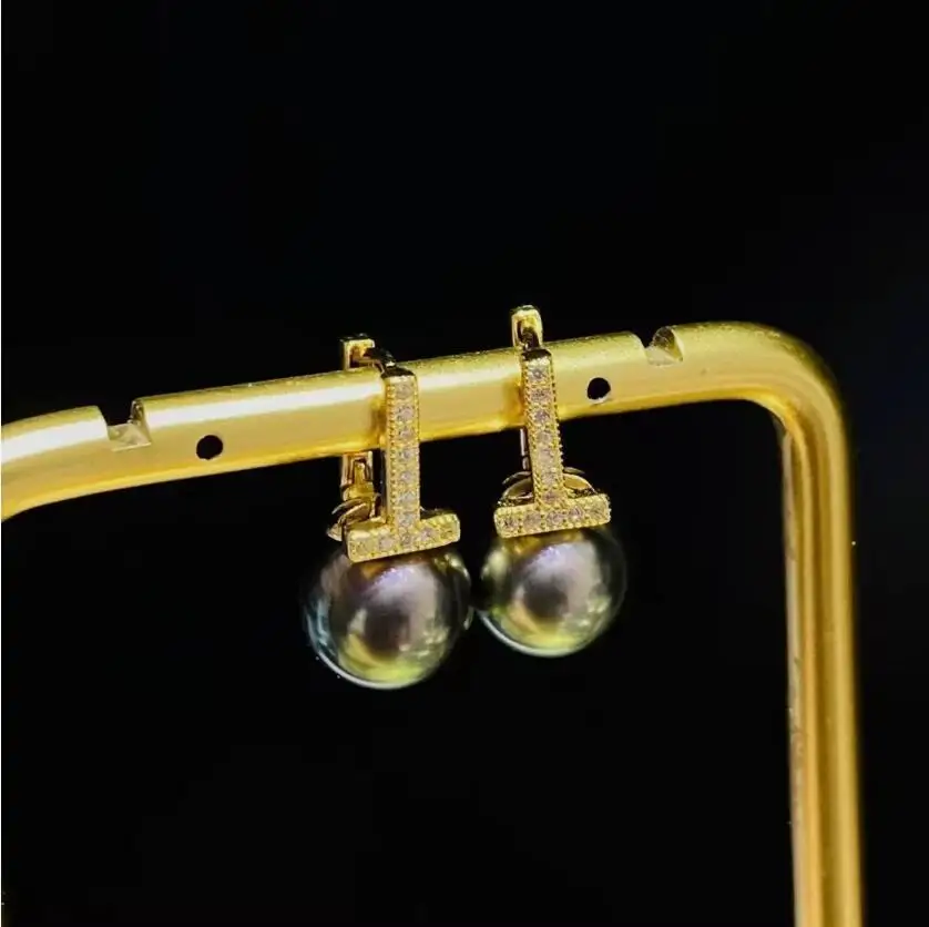 

stunning 10-11mm tahitian round black green pearl dangle earring 925s