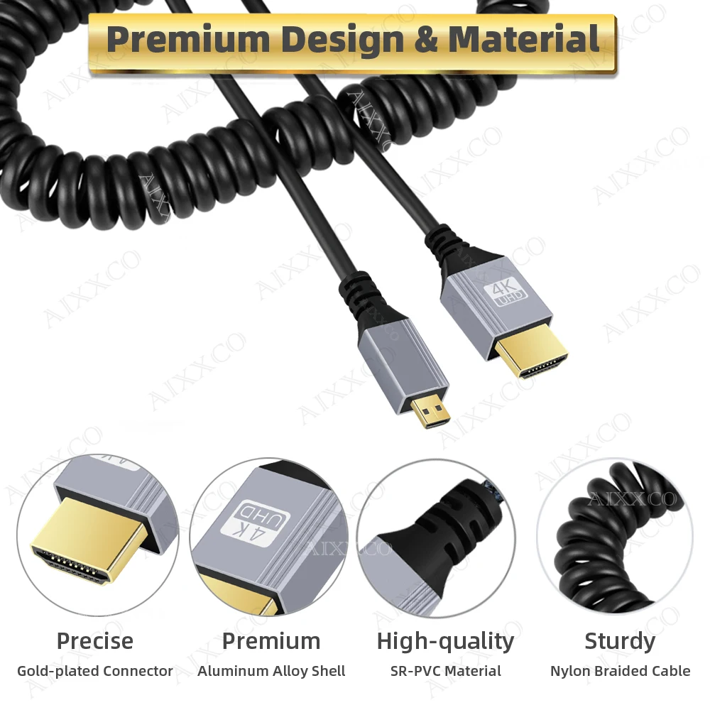 4K @ 60HZ Micro mini HDMI-Compatible a HDMI-Compatible Cable espiral Flexible macho a macho Cable de enchufe