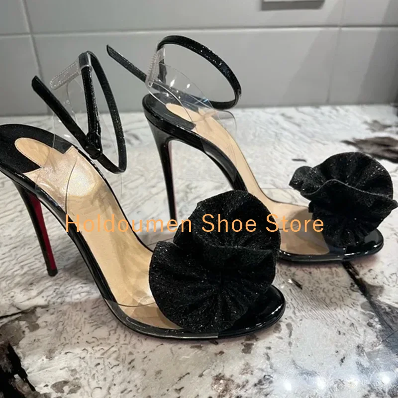 Sandales de gladiateur noires plissées à paillettes pour femmes, chaussures d'été sexy à bout ouvert, sandales à talons aiguilles scintillantes, chaussures habillées élégantes