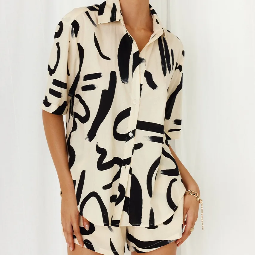 

Summer Faion Print Set Women's Loose Casual irt orts Two-Piece Set Comfortable Breathable Eighteen Pants Seven Sve