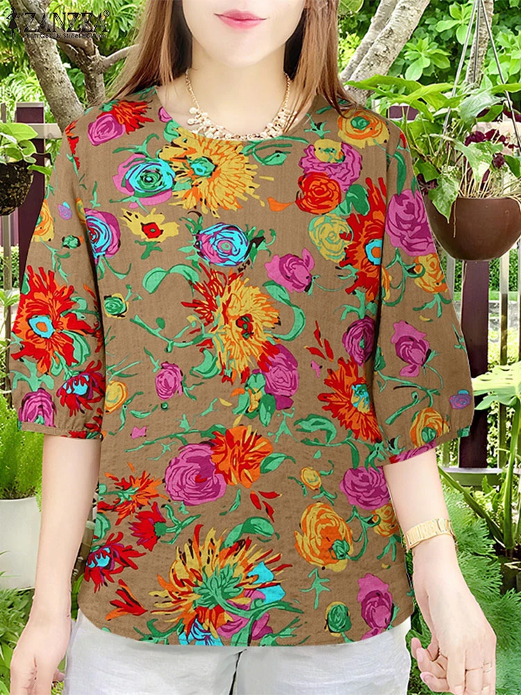 

Women Summer Tunic Tops Bohemian Printed Floral Blouses 2025 ZANZEA Casual O Neck 3/4 Sleeve Holiday Shirt Loose Beach Blusas