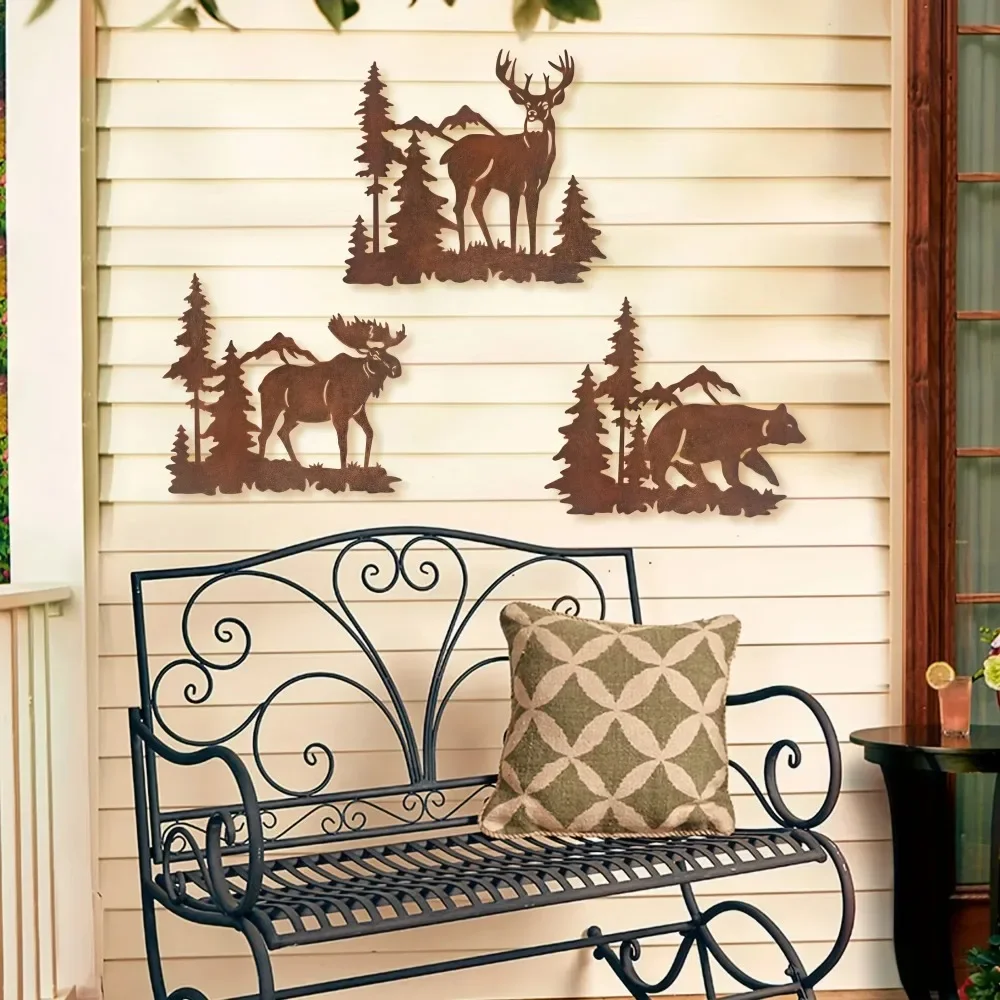 CIFBUY Forest Deer Bear Moose Metal Wall Art Pine Tree Silhouette Home Decor