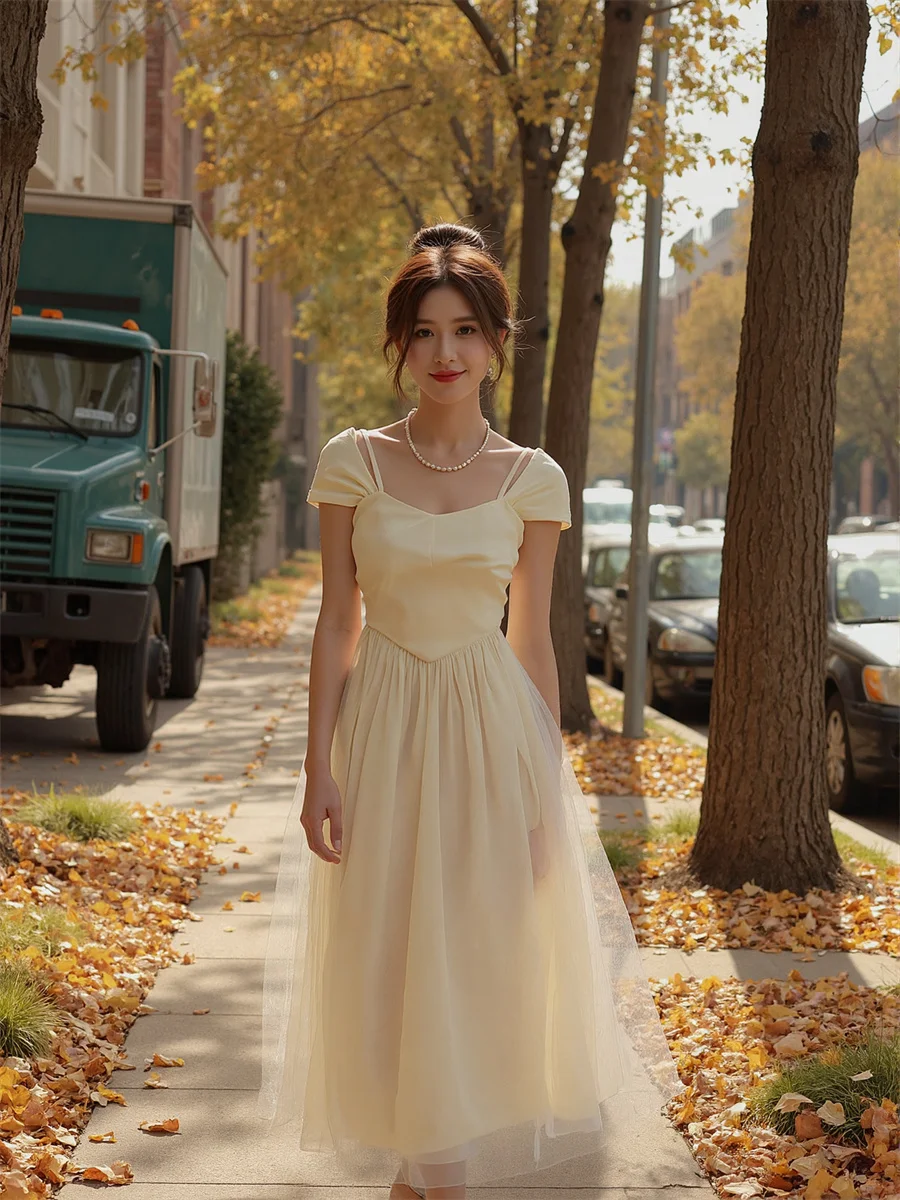 Abiti Midi Stile Francese Puro a Maniche Corte, Abbigliamento Femminile Primaverile con Strass, Abito da Cocktail Sciolto e Chic