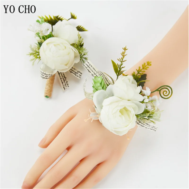 Zijden Rozen Bruiloft Boutonniere Corsage Mannen Boutonnieres Bloemen Pols Bruidsmeisje Armband Bloemen Bruidegom Knoopsgat Pak Broche