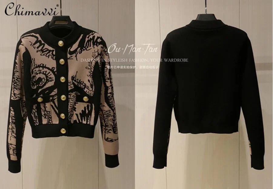 Spring Fashion Graffiti Pattern Metal Buckle Dark Gold Crew Neck Long Sleeve Knitted Top Long Sleeve Cardigan Sweater Jacket