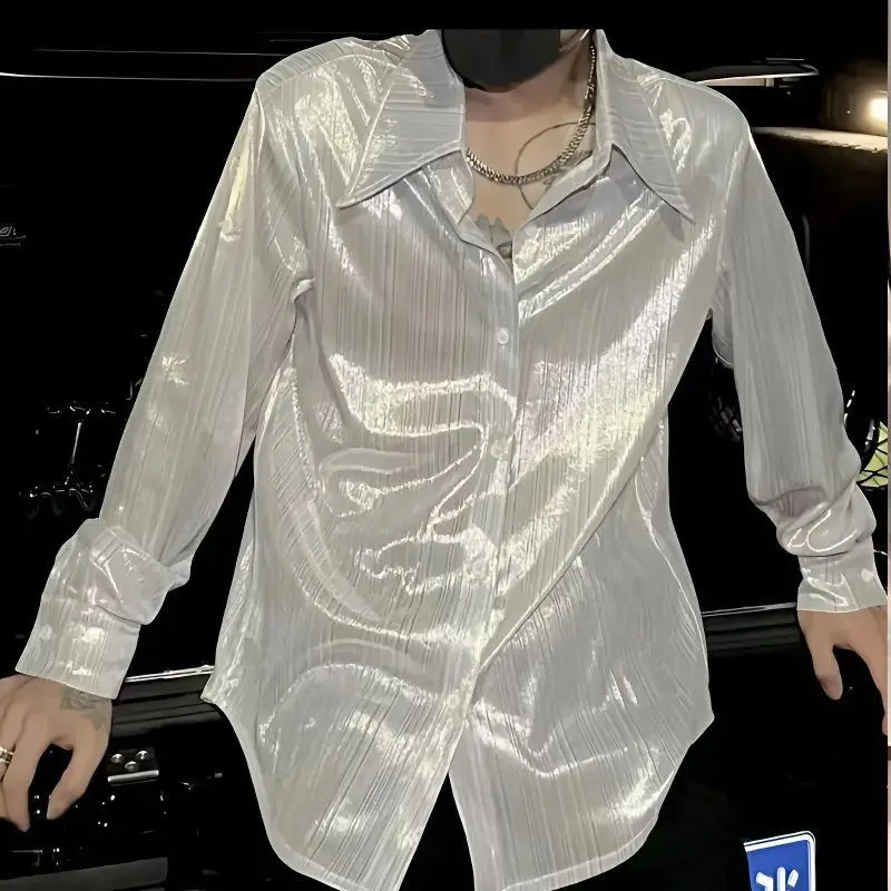Men's Korean Shirt Nightclub Stylish ShineYouth Trendy Fashion Simple Non-iron Long-sleeve Shirt Spring-summer New Slim-fit