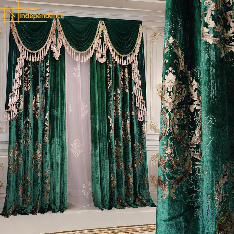 

Dark Green High-end Customized Real Velvet Embroidered Window Curtains for Living Room Bedroom French Window Balcony Villa