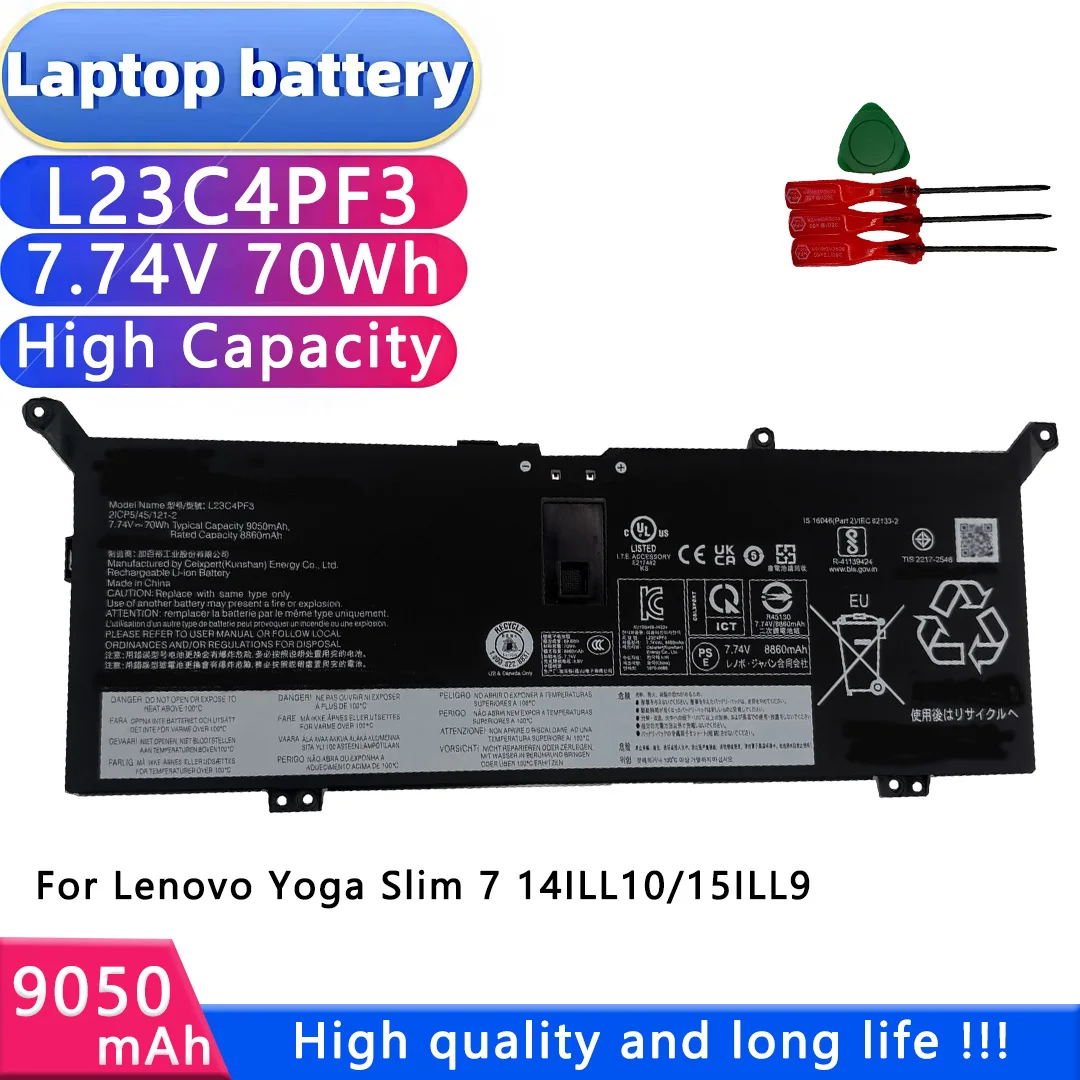 Full Capacity New Laptop Battery L23C4PF3 7.74V 70Wh 9050mAh For Lenovo Yoga Slim 7 14ILL10/15ILL9  L23M4PF3