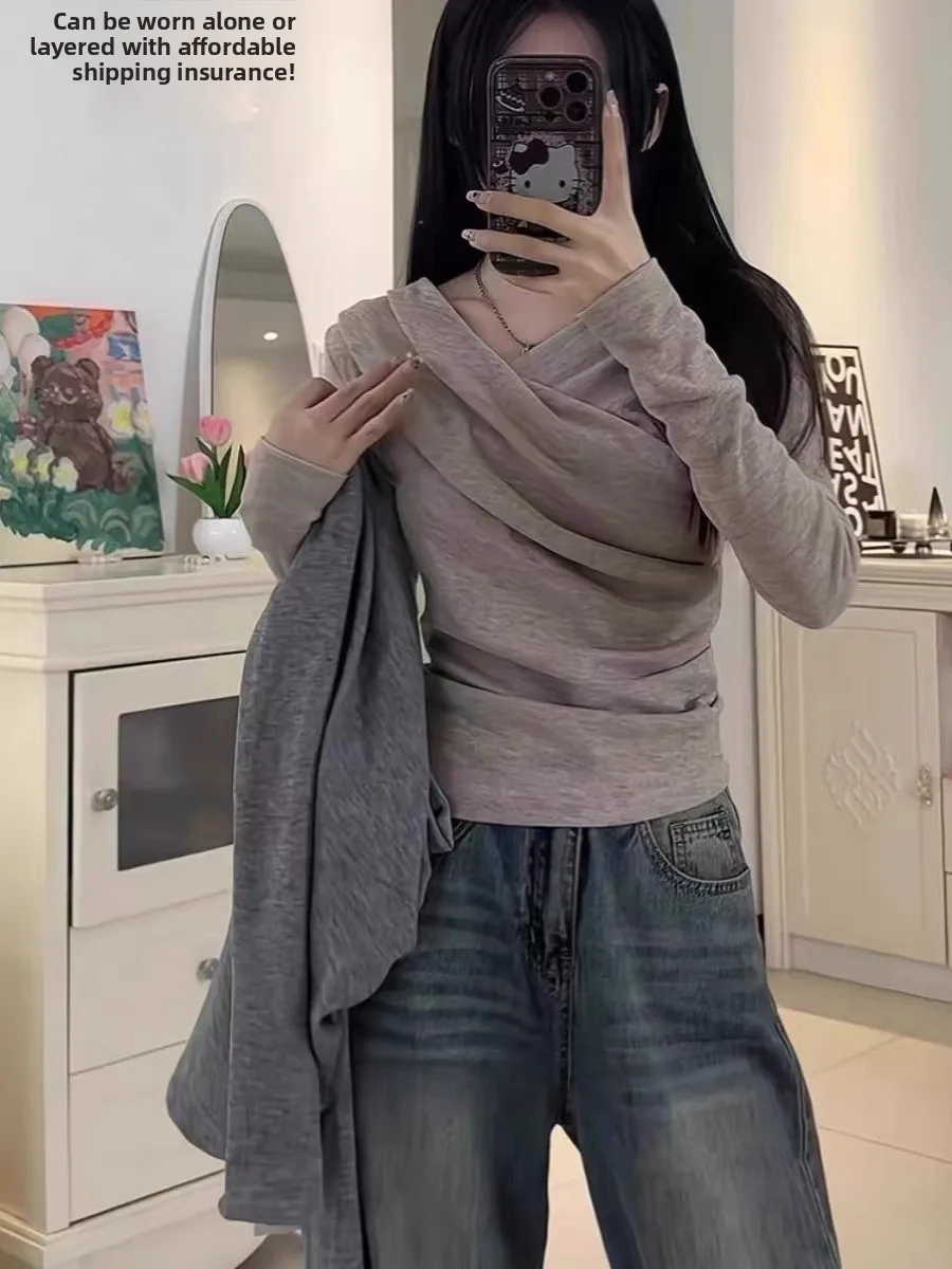 

plus Size Women's Long Sleeve T-Shirt V-Neck Cross Design Early Autumn New Folded Versatile Slimming Top Korean Style Straigh...
