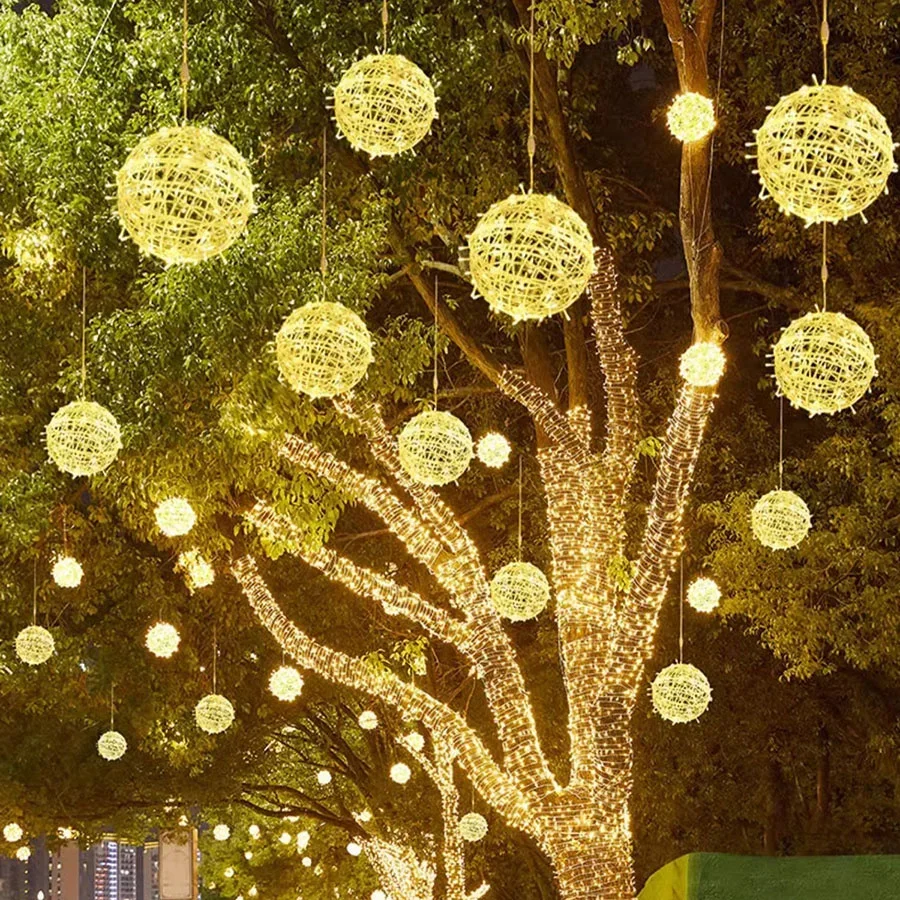 Dia20/30CM Outdoor Solar Powered Globe Hanging String Lights Waterproof Landscape Solar Rattan Ball Globe Garland Fairy Light