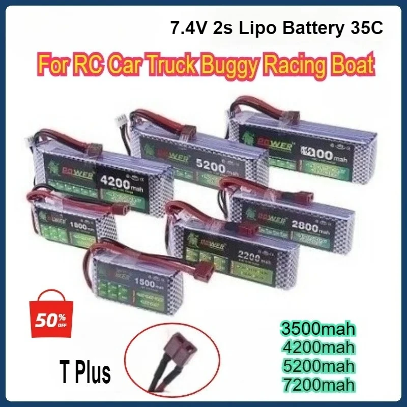 

7.4V 3500mah 4200mah 5200mah 6000mah 2S Lipo Battery 35C T Plug for RC Car Truck Buggy Racing Boat