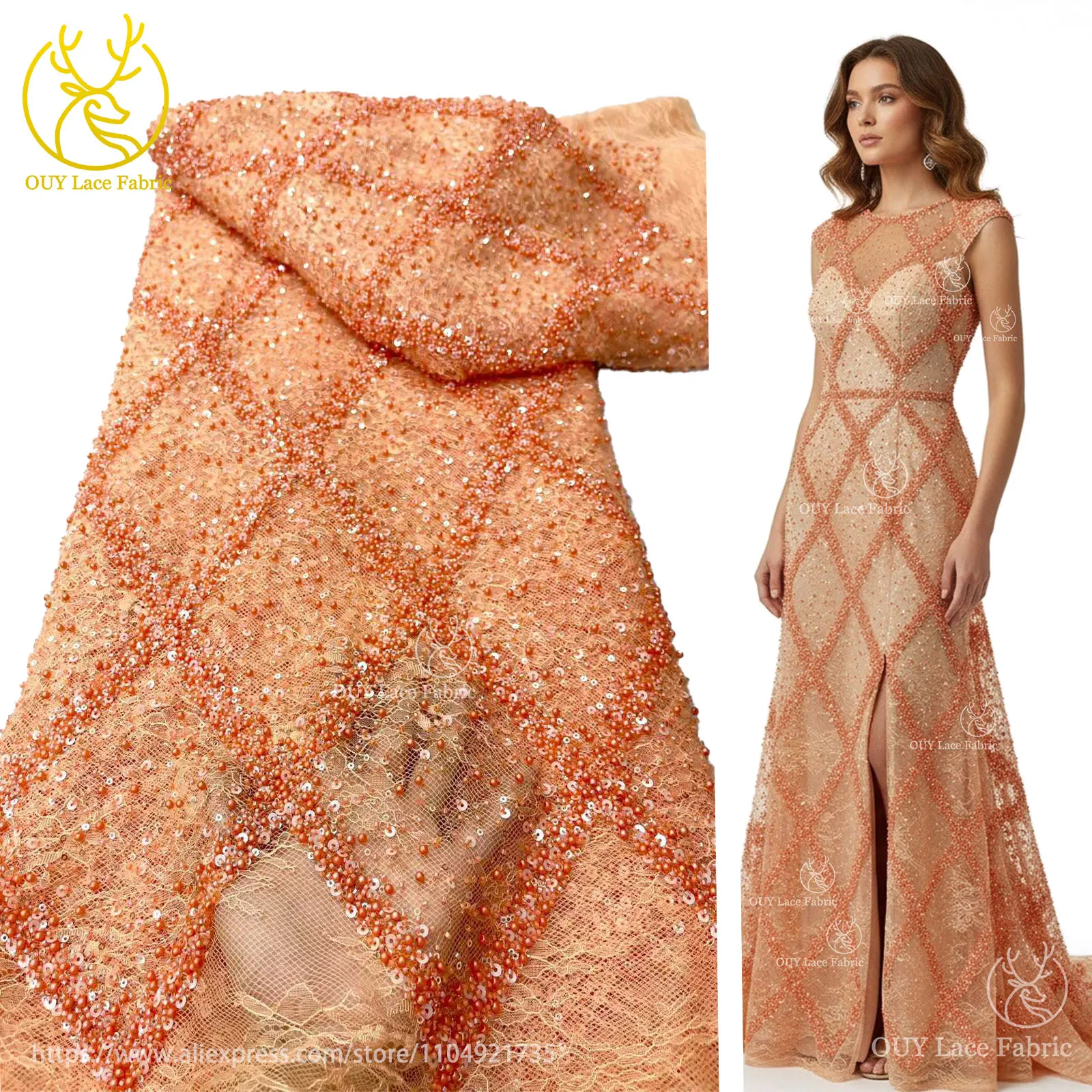 

High-Quality African Beaded Sequins Tulle Lace Fabric 2025 Luxury Nigerian Mesh Lace Fabric for Women's Wedding Dress Sewing