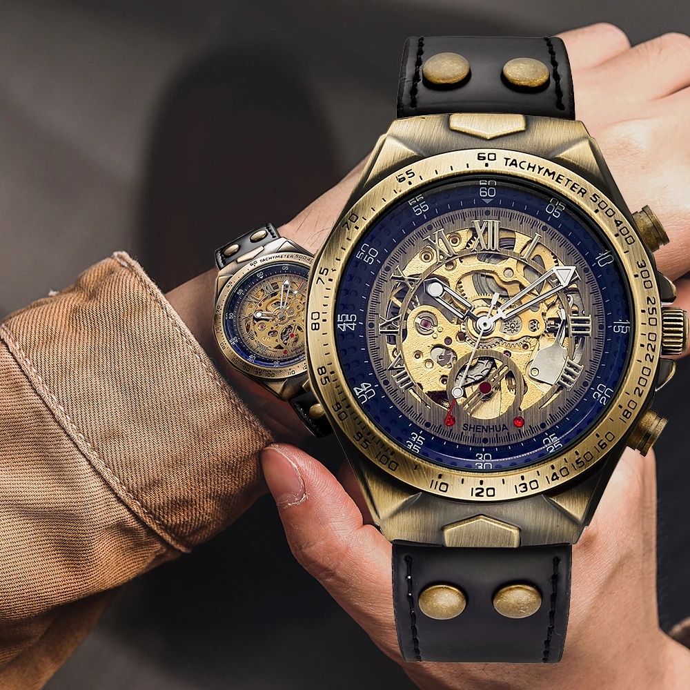 

SHENHUA Men Bronze Case Self-Wind Tachymeter Skeleton Steampunk Vintage Automatic Mechanical Wristwatches Gift Clock Male Reloj