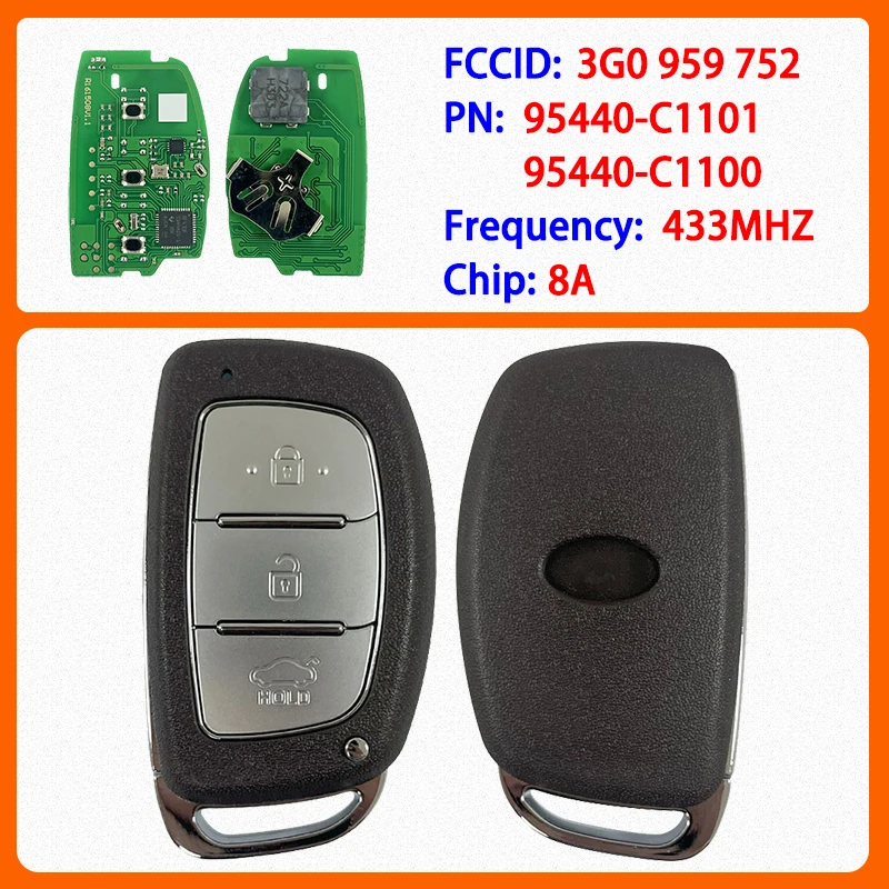 CN020288 Запасной смарт-ключ с 3 кнопками 95440-C1101 95440-C1100 FCC CQOFD00120, чип 8A, 433 МГц для Hyundai Sonata 2014-2017 CN020288 Запасной смарт-ключ с 3 кнопками 95440-C1101 95440-C1100 FCC CQOFD00120, чип 8A, 433 МГц для Hyundai Sonata 2014-2017