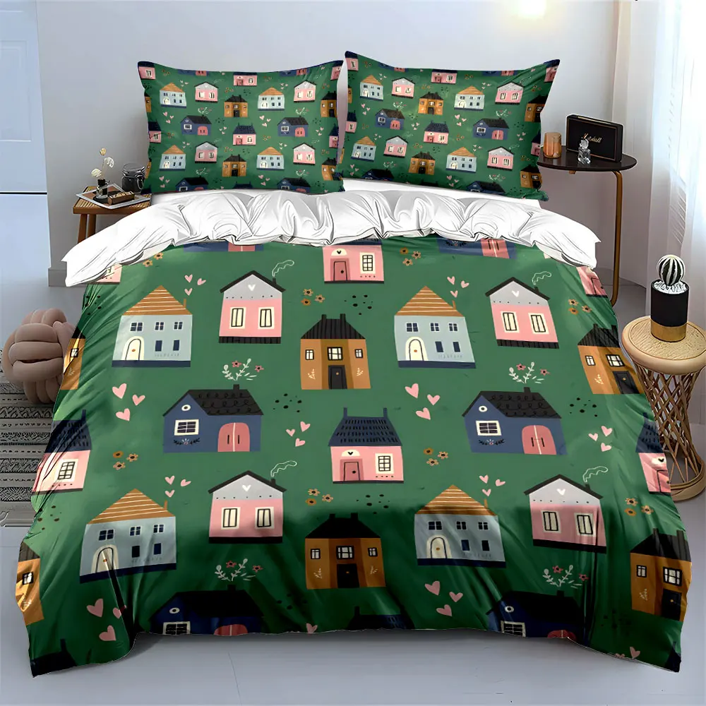 Colorful houses patterned design. Print Bedding Set 1 Duvet Cover 2 Pillowcases for Adult and Children Luxury Gift Full Size