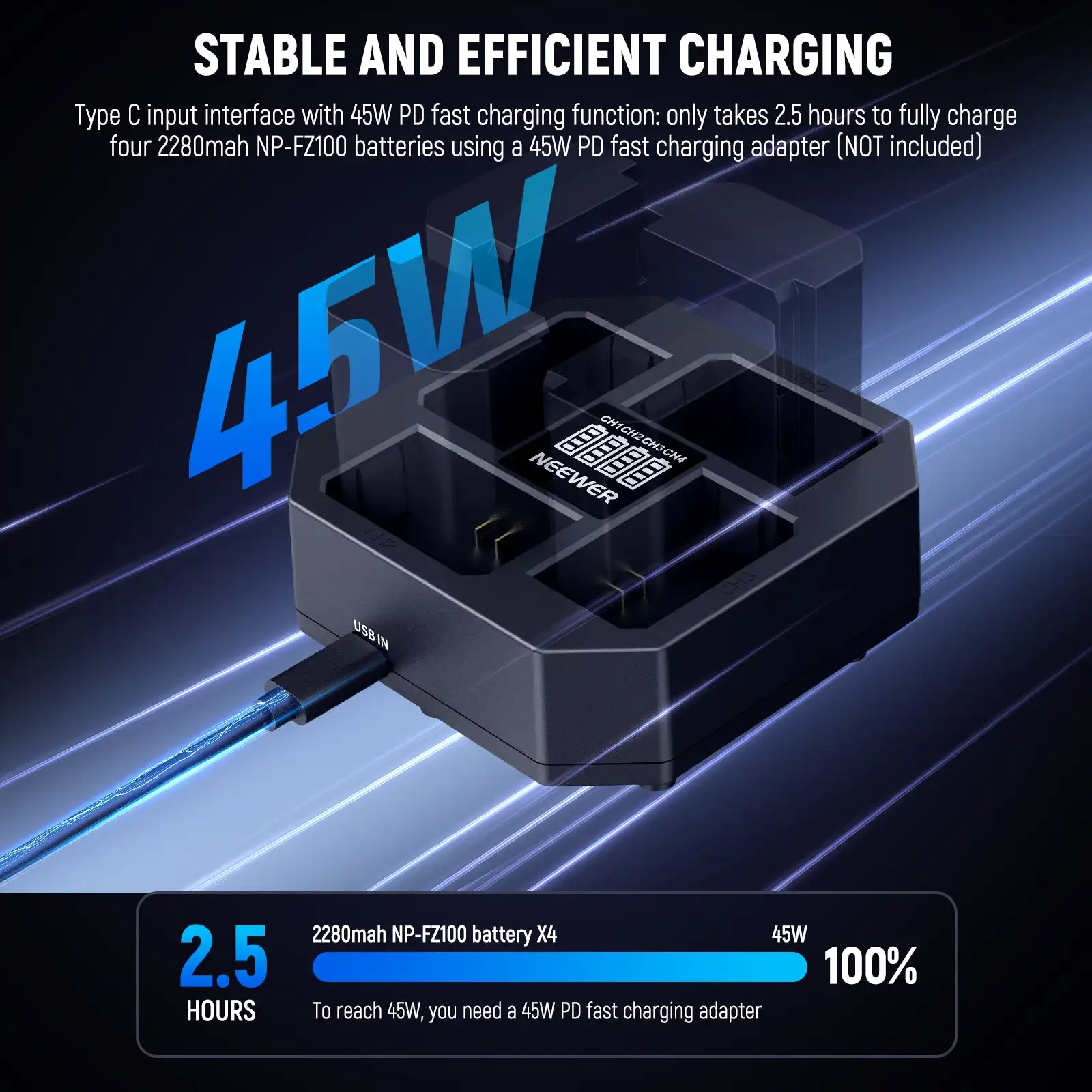 NEEWER NW-Z4 4 Channel Charger 45W PD Fast Charging for NP-FZ100 Battery