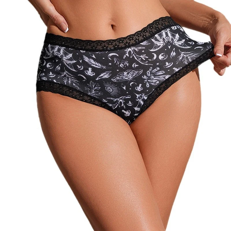 مثير الدانتيل الأسود الأفعى منقوشة الخفافيش المرأة سراويل تنفس منتصف الخصر سلس المرأة مثلث سراويل. #5