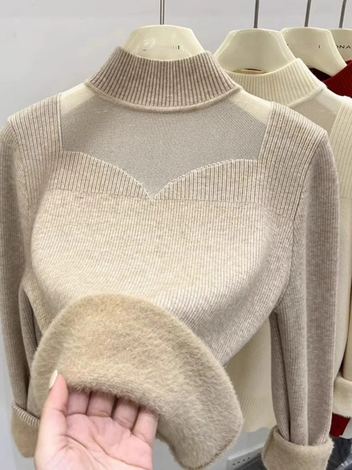 Thiened f High Collar Net Splicing Sweater Women's Autumn Winter Inner Wear One-Piece Fce Design Versatile Slimming B...