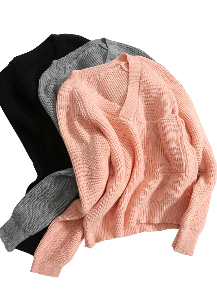 

Autumn Winter New Women's Sweaters Pullovers Short V-Neck Knitwear Loose Retro Gentle Wind Tops Long-Sleeved Sweater