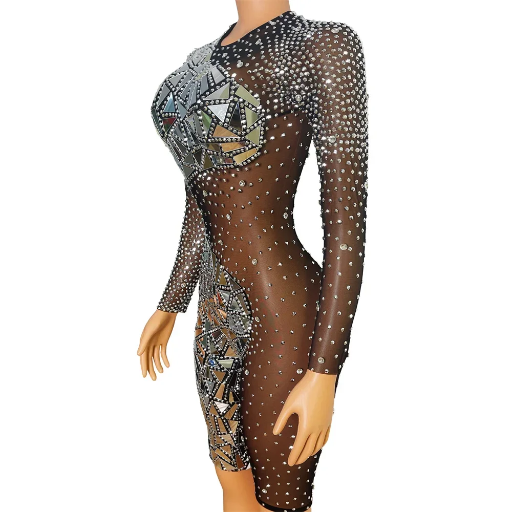 Macacão feminino cristal brilhante strass prata espelho estiramento bodysuit festa de aniversário preto malha transparente ds palco traje