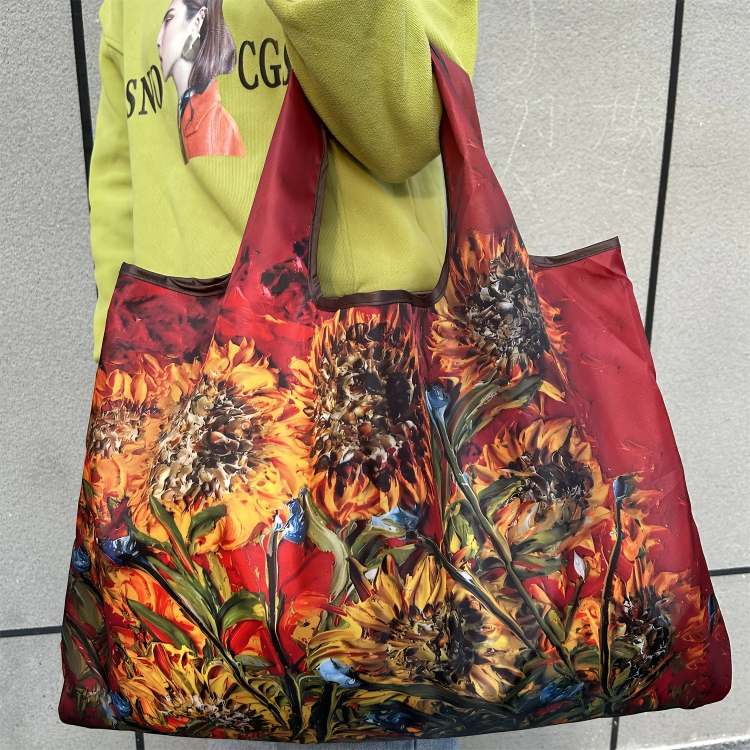 موضة النفط اللوحة نمط عباد الشمس حقيبة تسوق متجر بقالة طوي كبيرة يده حقيبة كتف المرأة حمل حقيبة يده #5