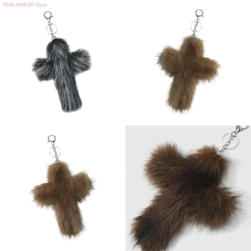 62KE Artistic Gradient Stripes Plush Keyring With Crosses For Personalization