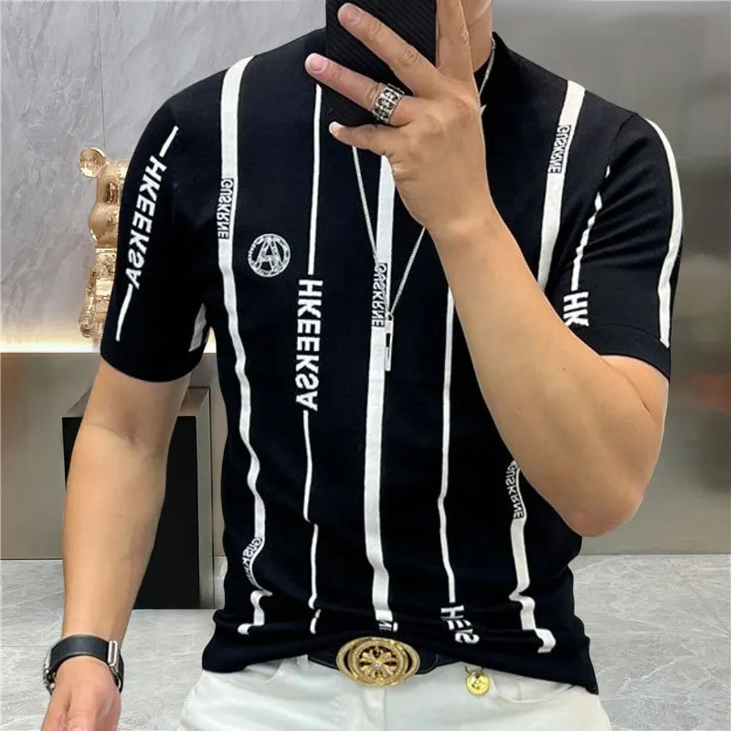 2023 Knitting Stripe Round Neck Tee Shirt Summer Top Streetwear Social Club Outfits Slim T Shirt Men Homme Camiseta Masculina