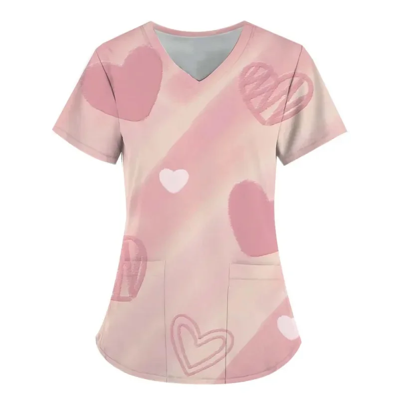 LadiesVHeart-printed stretchy medical short-sleeve shirtTShirt Medical workwear with patch pockets clinic nurse uniform top