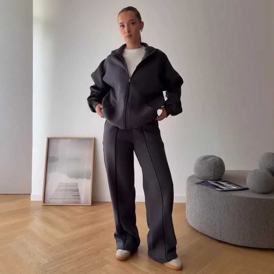 2025 Turn Down Collar Zipper Short Top  Long Pants Two Piece Set Women Silver Gray Black Multiple Colors Available