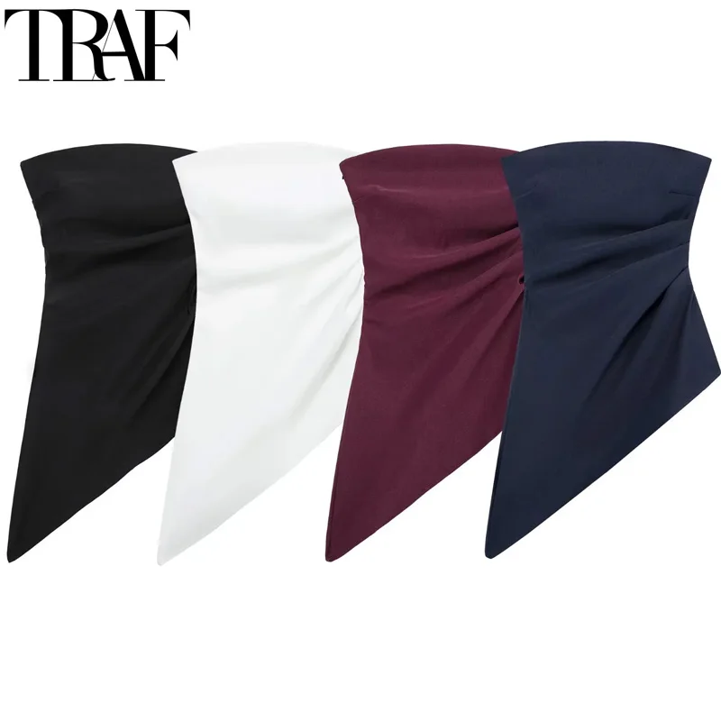 TRAF Strapless Asymmetrical Crop Top Woman Summer Off Shoulder Black White Tube Top Women Pleated Sexy Backless Red Blue Top