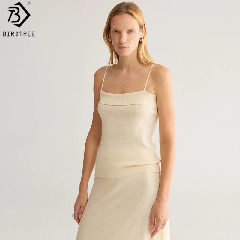 Birdtree, Wool Blended Knitted Tank Top, Sleeveless Sling Vest, Women's Basics Thin Slim Knitwear, 2026 Autumn New T68906JF