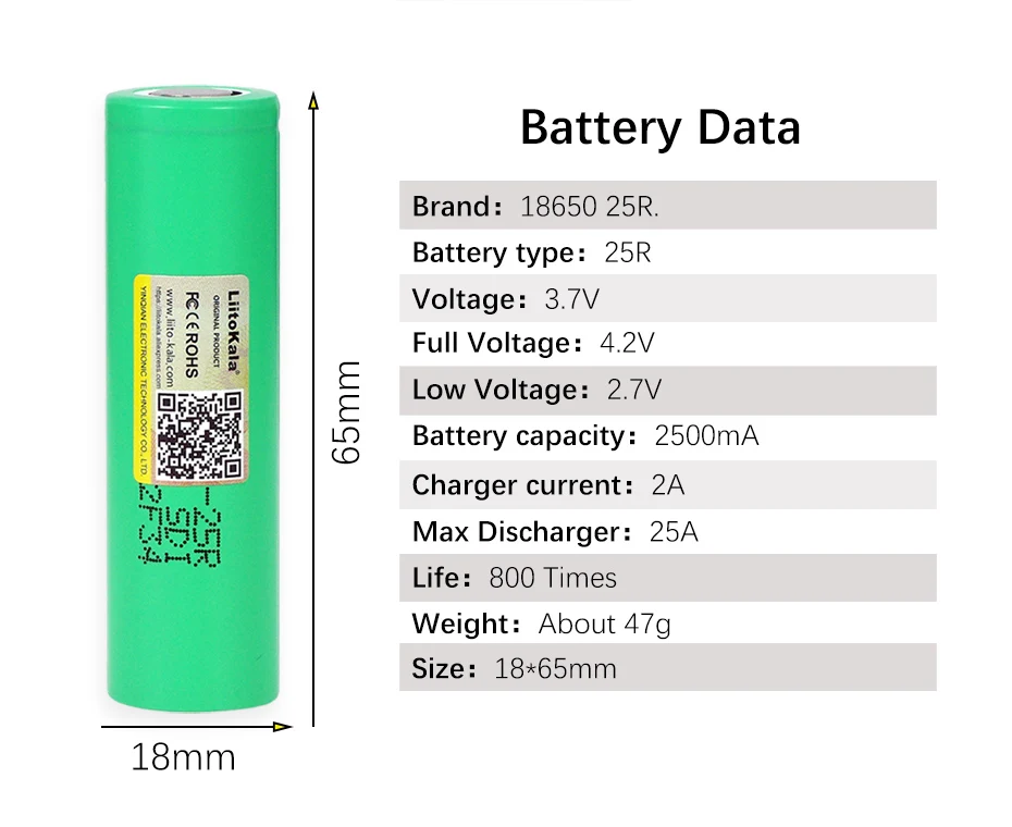  LiitoKala 18650 2500mAh Rechargeable battery 3.6V INR1865025R 20A discharge batteries For electrical tools use